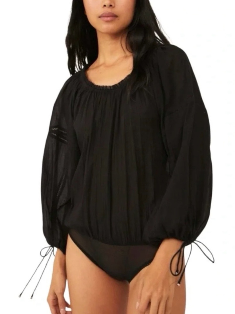 NWT Free People Sundown Black Balloon Sleeve Bodysuit Size L $68